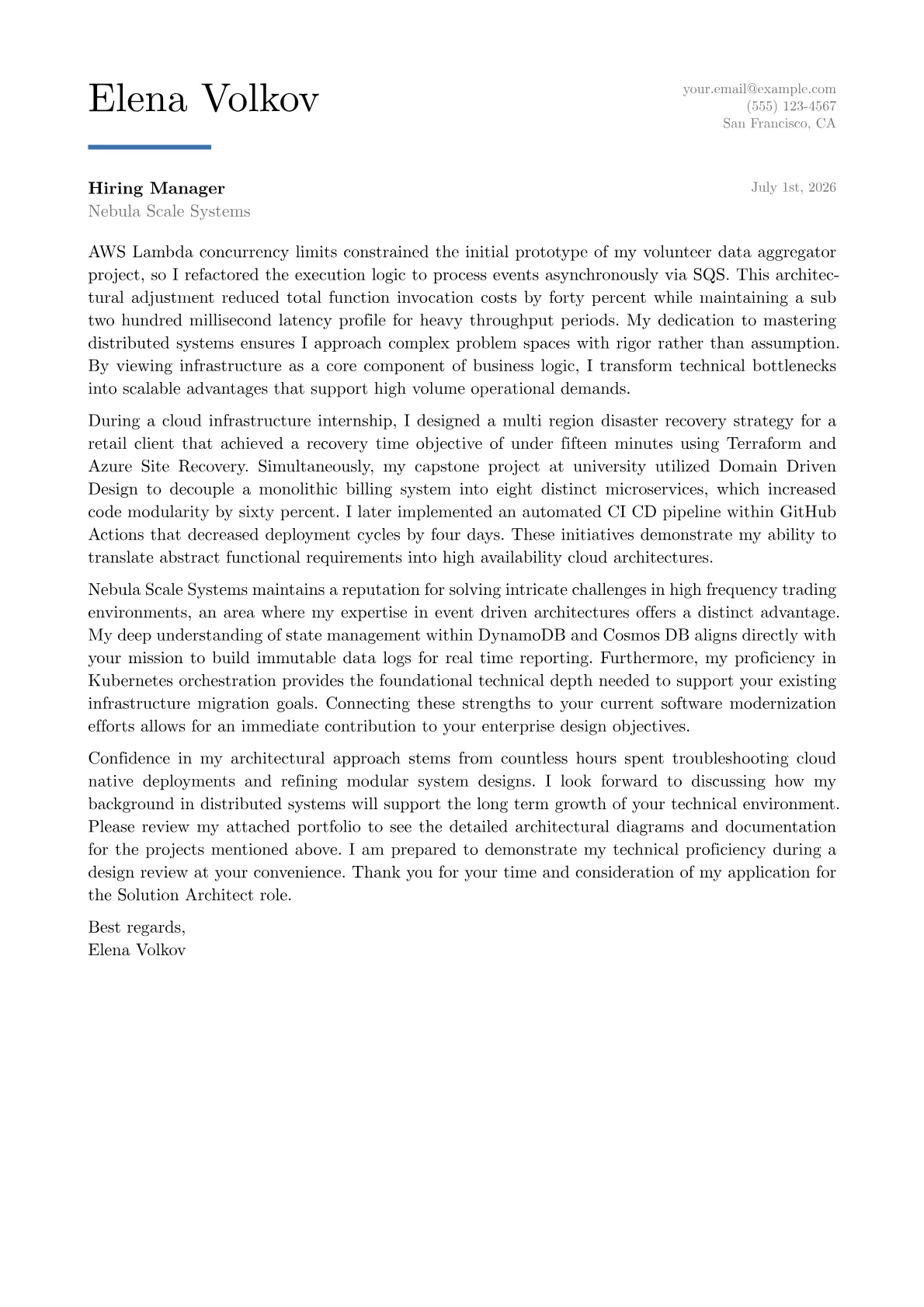 Solution Architect cover letter in the Executive design