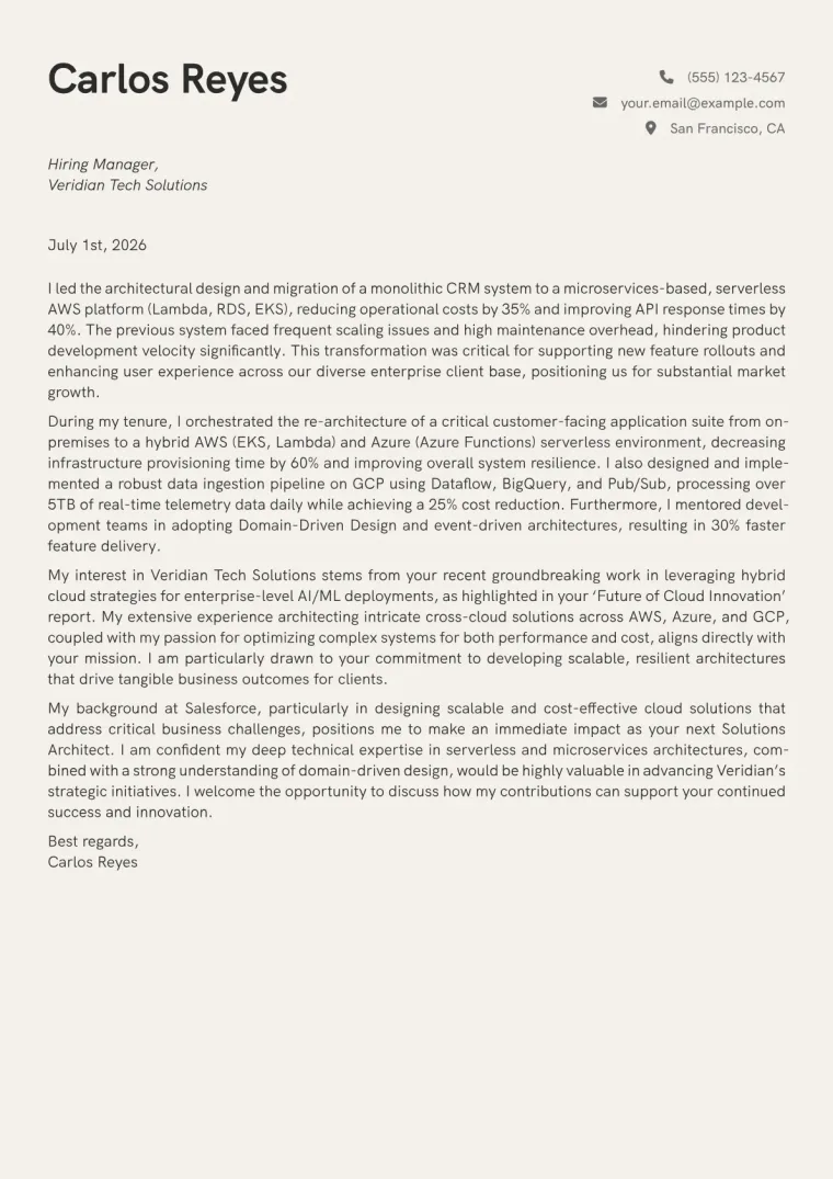 Solutions Architect cover letter example