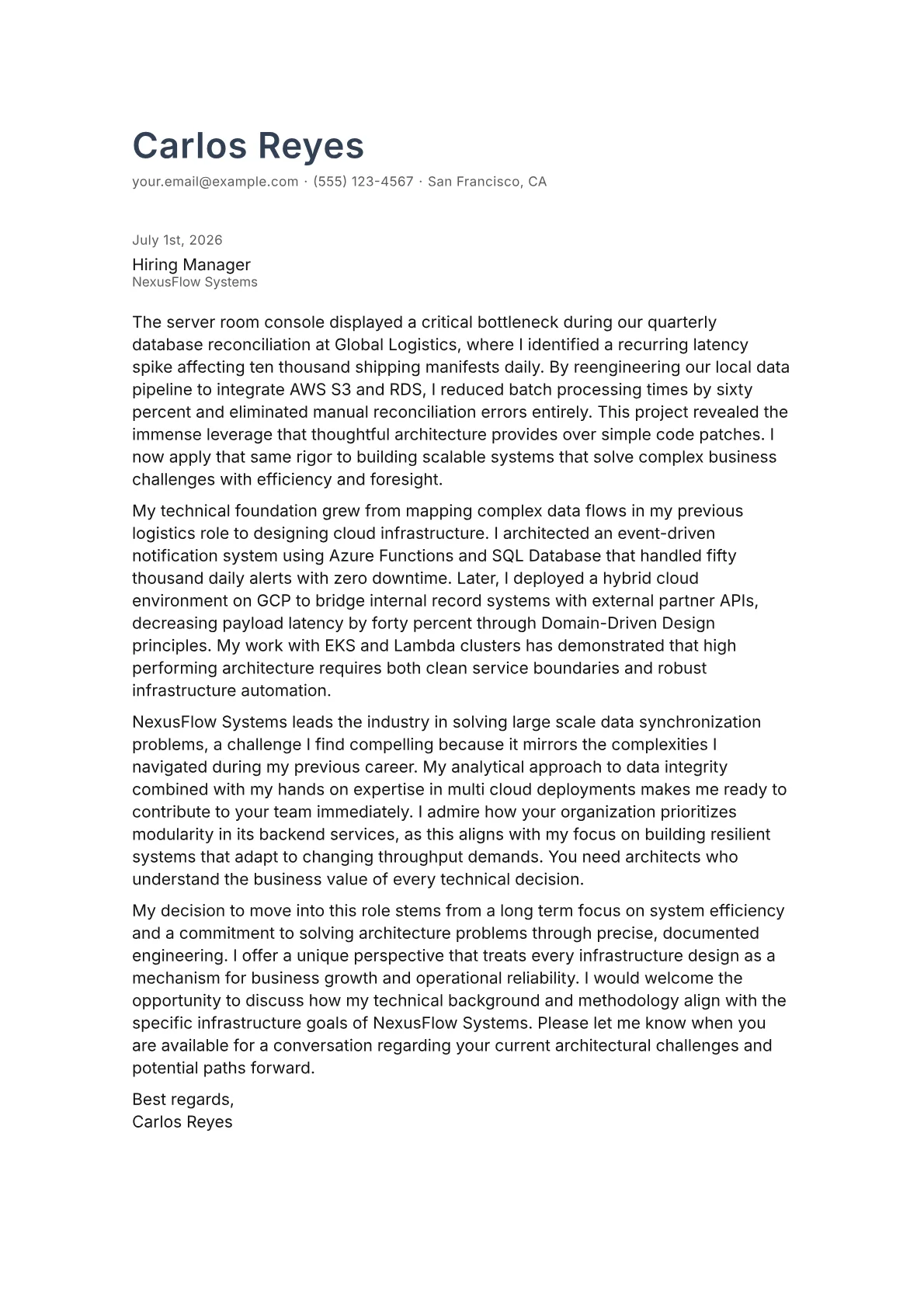 Solutions Architect cover letter in the Minimal design