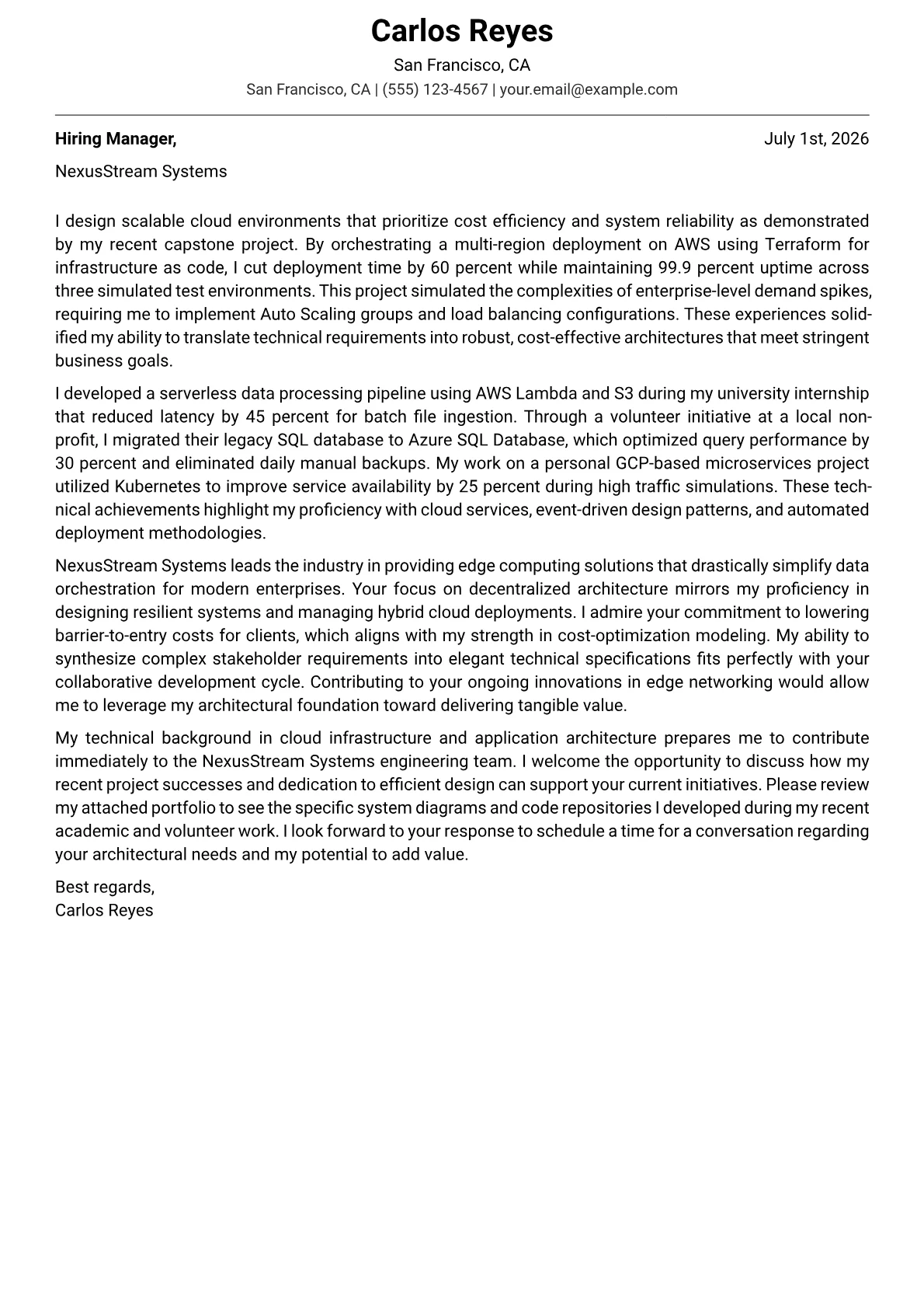 Solutions Architect cover letter in the Modern design
