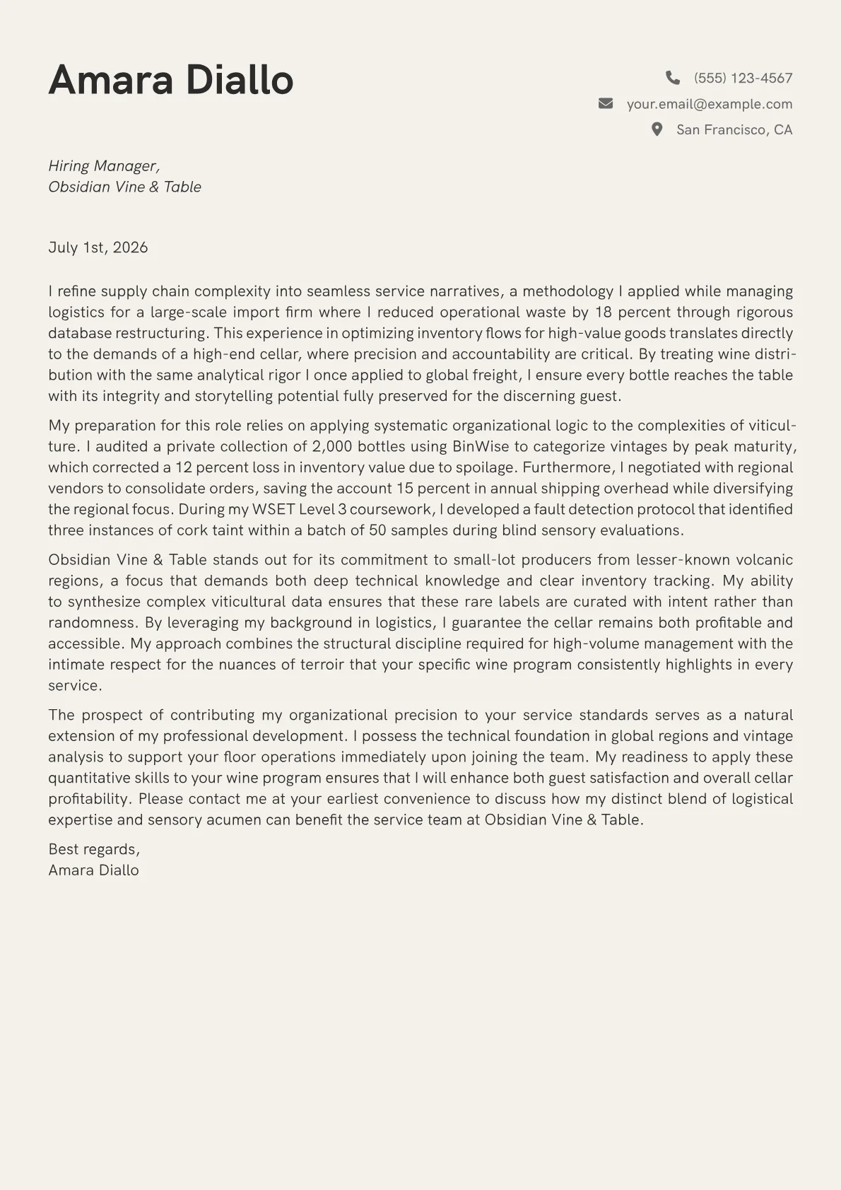 Sommelier cover letter in the Creative design