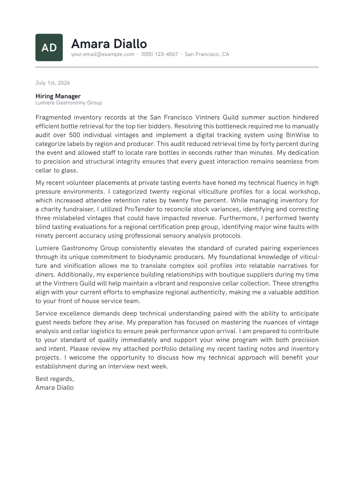 Sommelier cover letter in the Emblem design