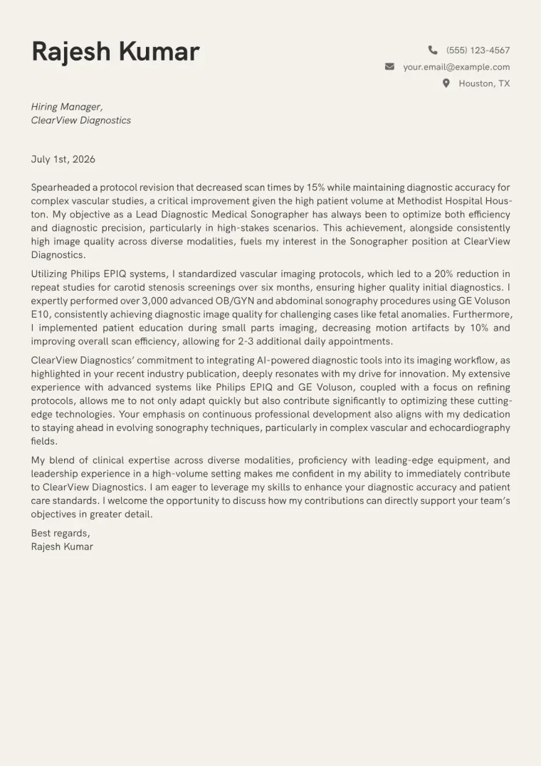 Sonographer Cover Letter Example