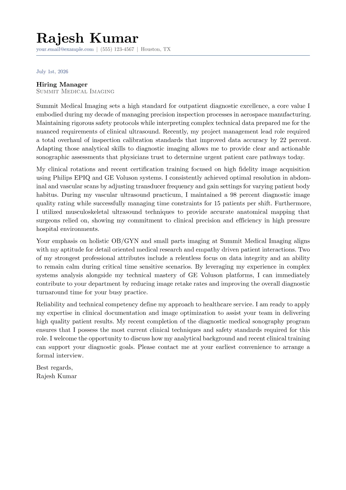 Sonographer cover letter in the Classic design