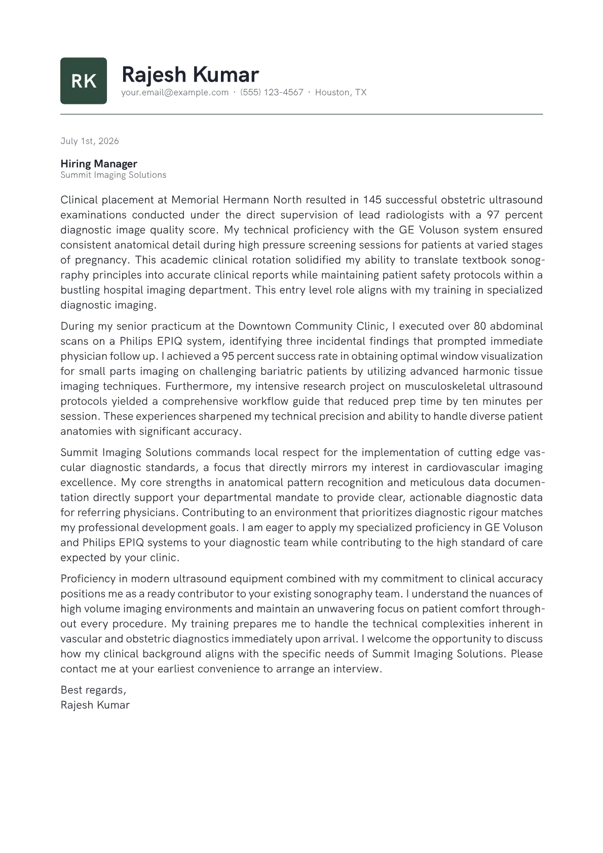 Sonographer cover letter in the Emblem design