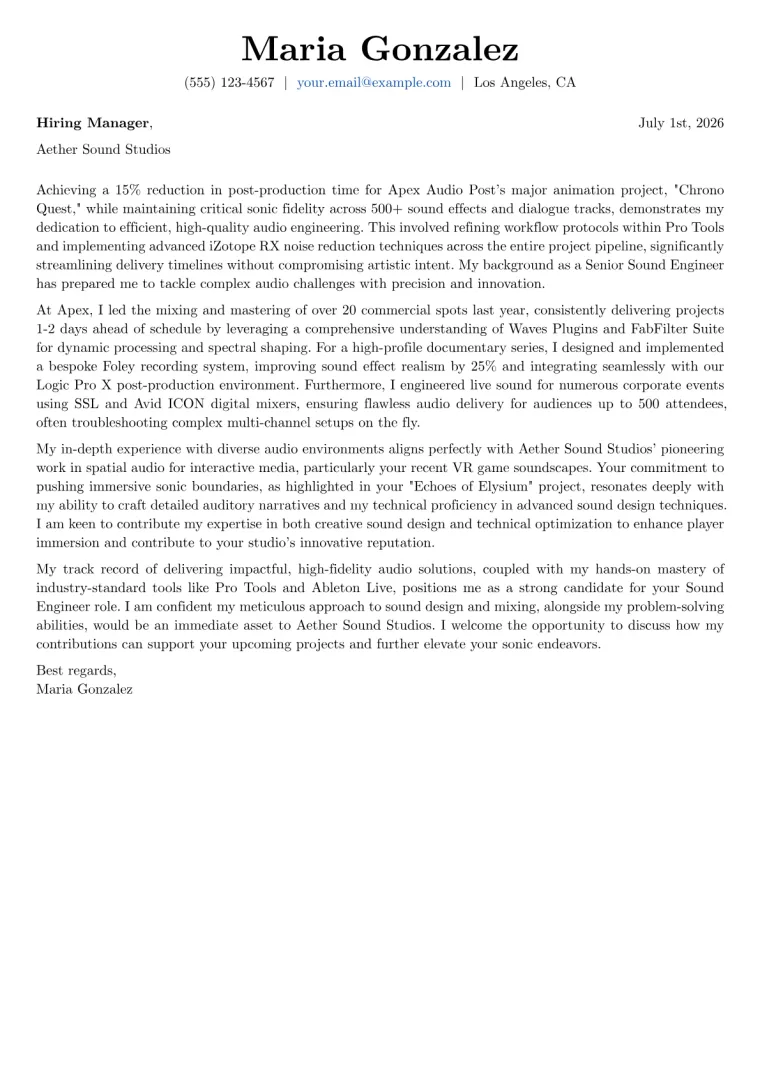 Sound Engineer cover letter example preview