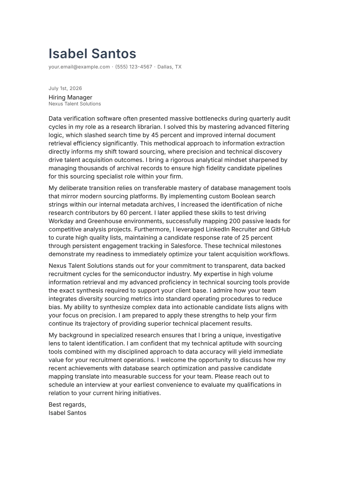 Sourcing Specialist cover letter in the Minimal design