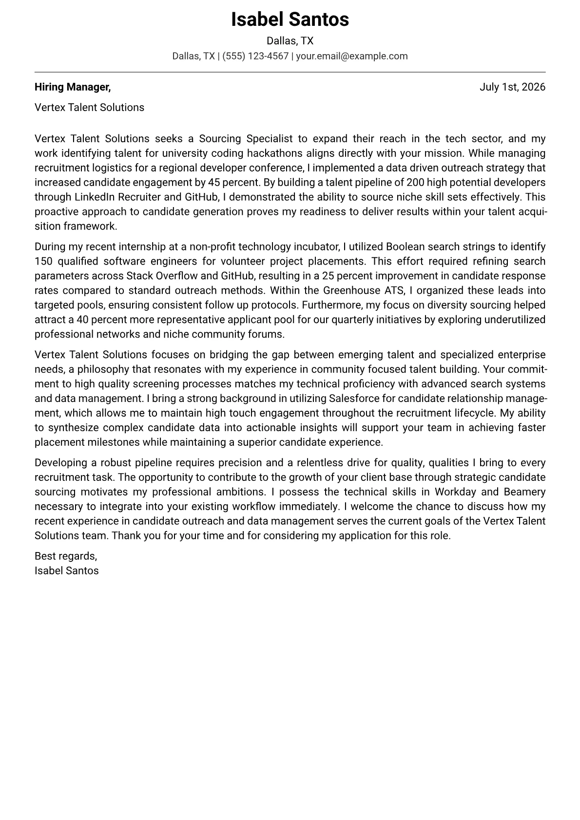 Sourcing Specialist cover letter in the Modern design