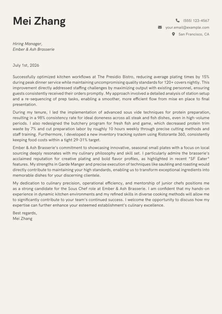 Sous Chef cover letter example preview