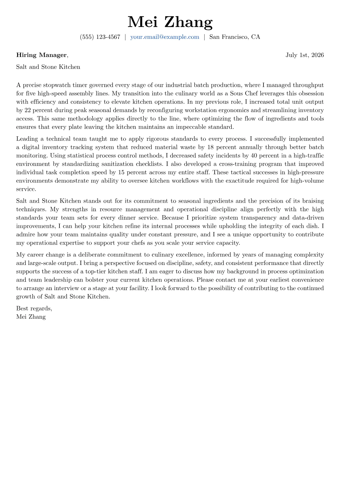 Sous Chef cover letter in the Basic design