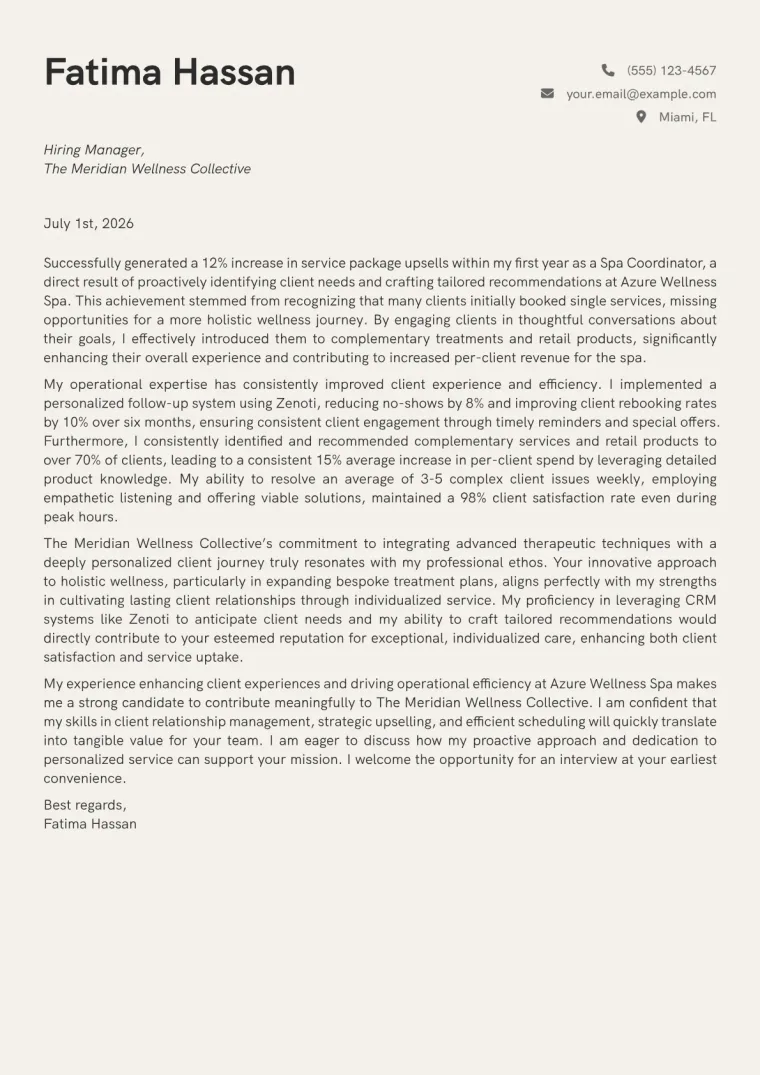 Spa Coordinator Cover Letter Example