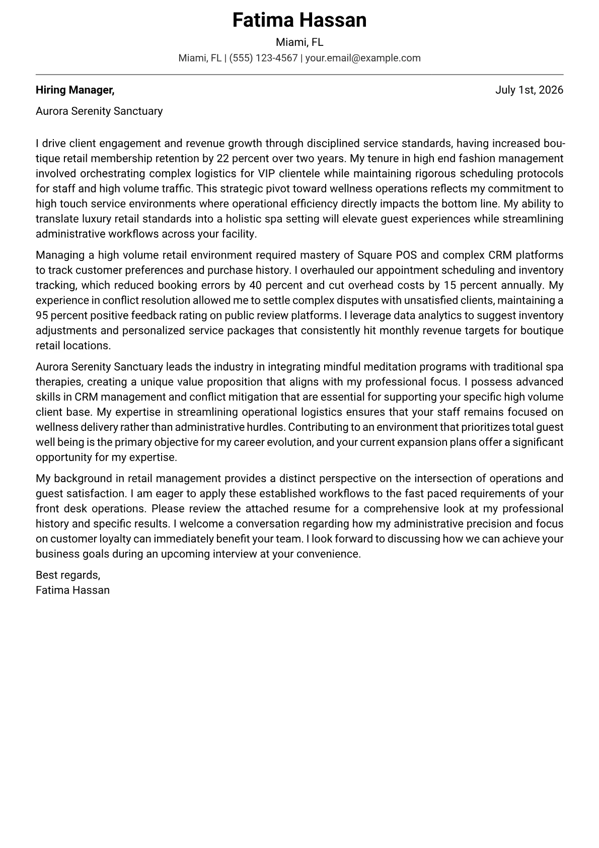 Spa Coordinator cover letter in the Modern design