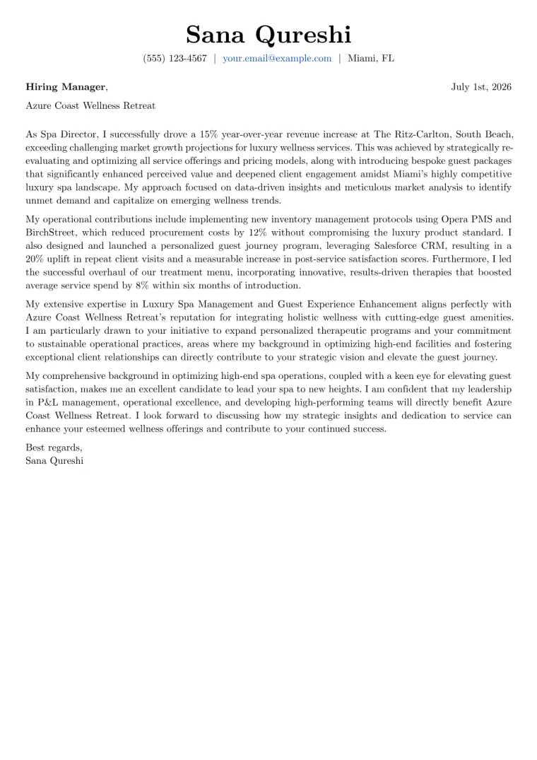 Spa Director cover letter example preview