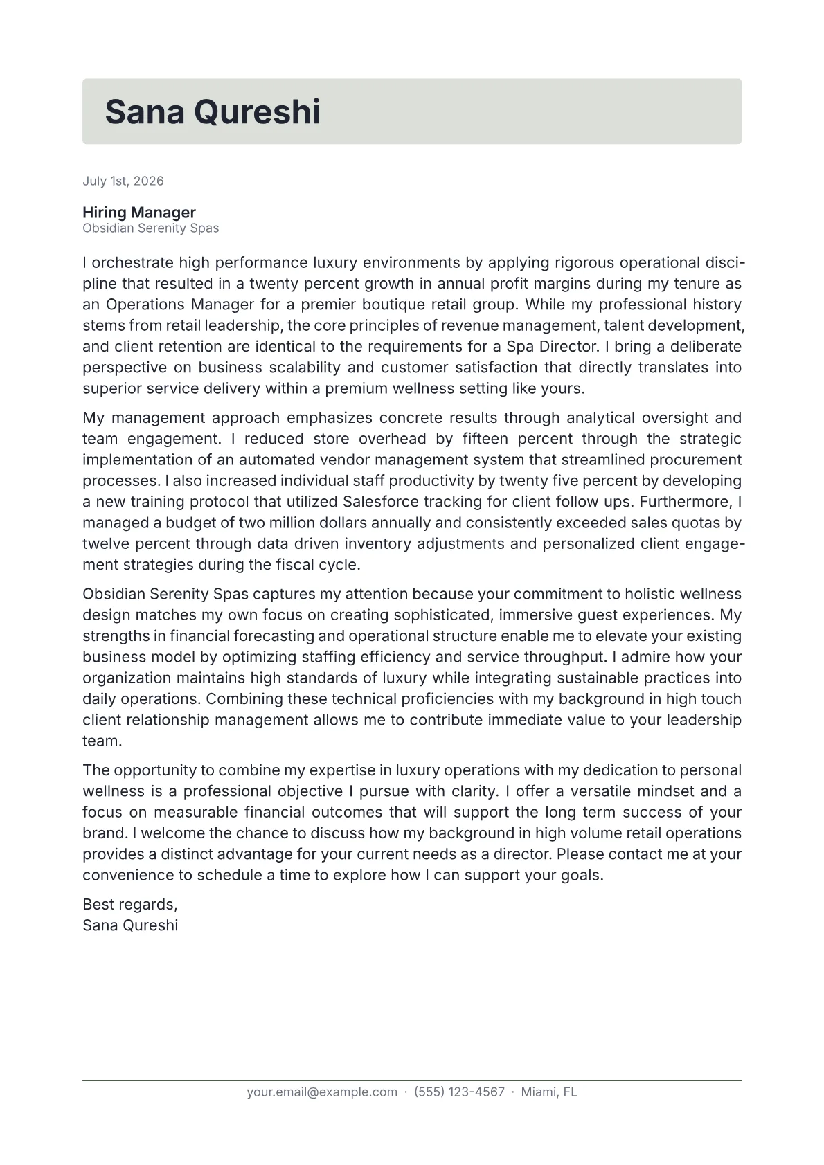 Spa Director cover letter in the Letterhead design