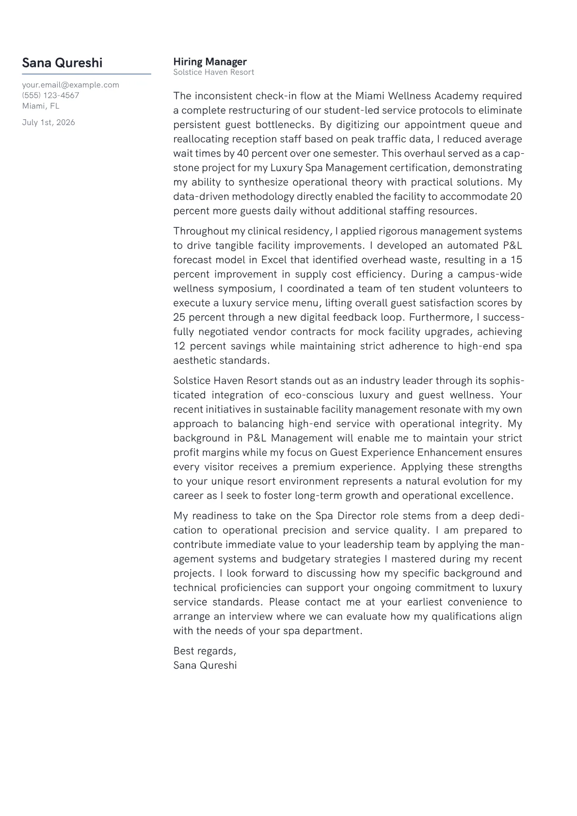 Spa Director cover letter in the Margin design