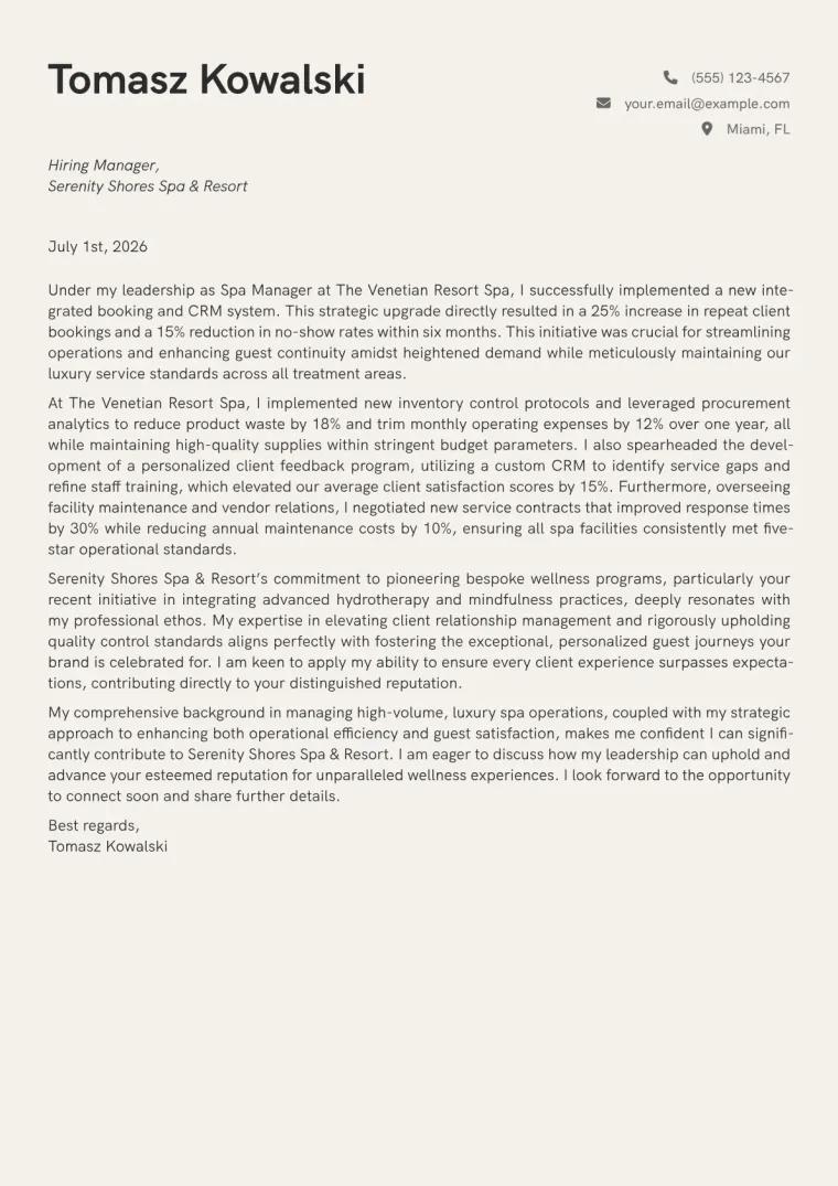 Spa Manager cover letter example