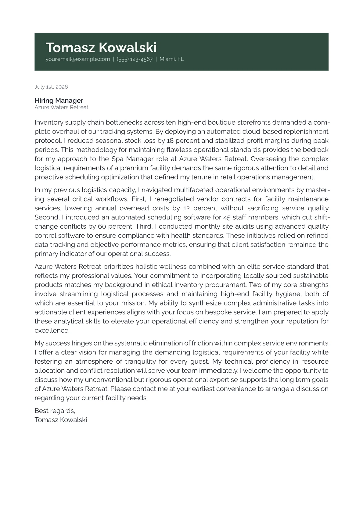 Spa Manager cover letter in the Banner design