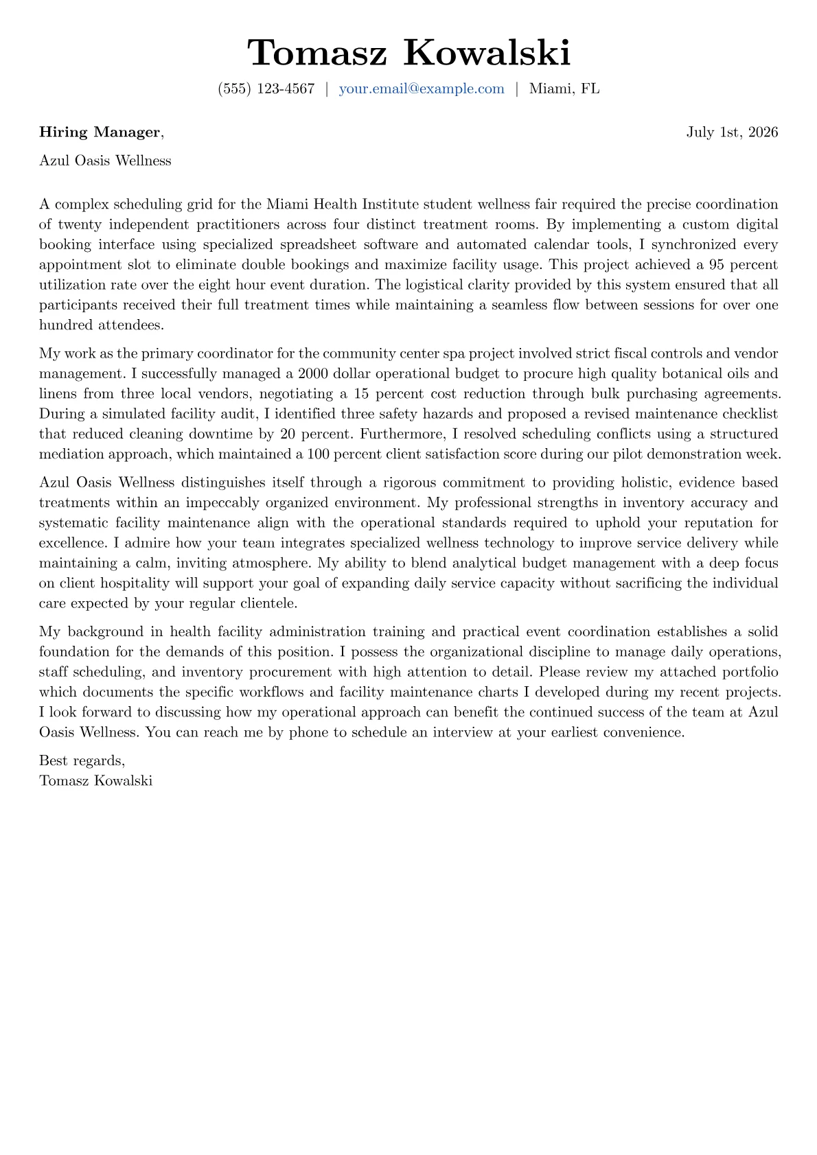 Spa Manager cover letter in the Basic design