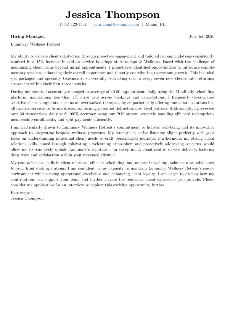 Spa Receptionist Cover Letter Example