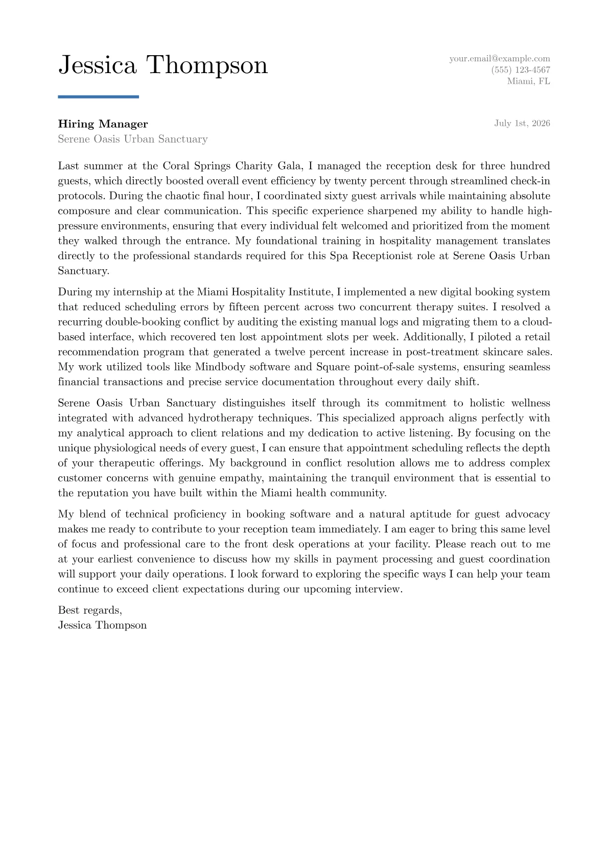 Spa Receptionist cover letter in the Executive design