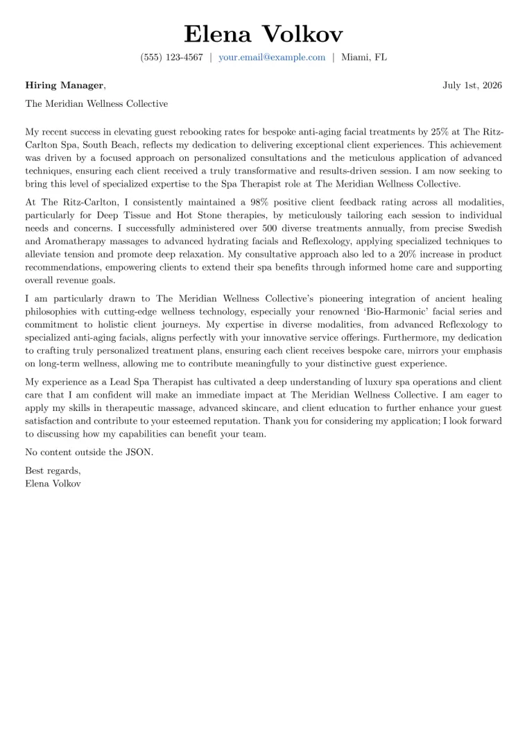 Spa Therapist Cover Letter Example
