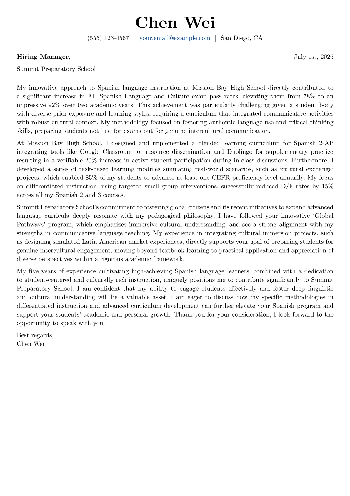 Spanish Teacher cover letter formatted with a JobSprout template