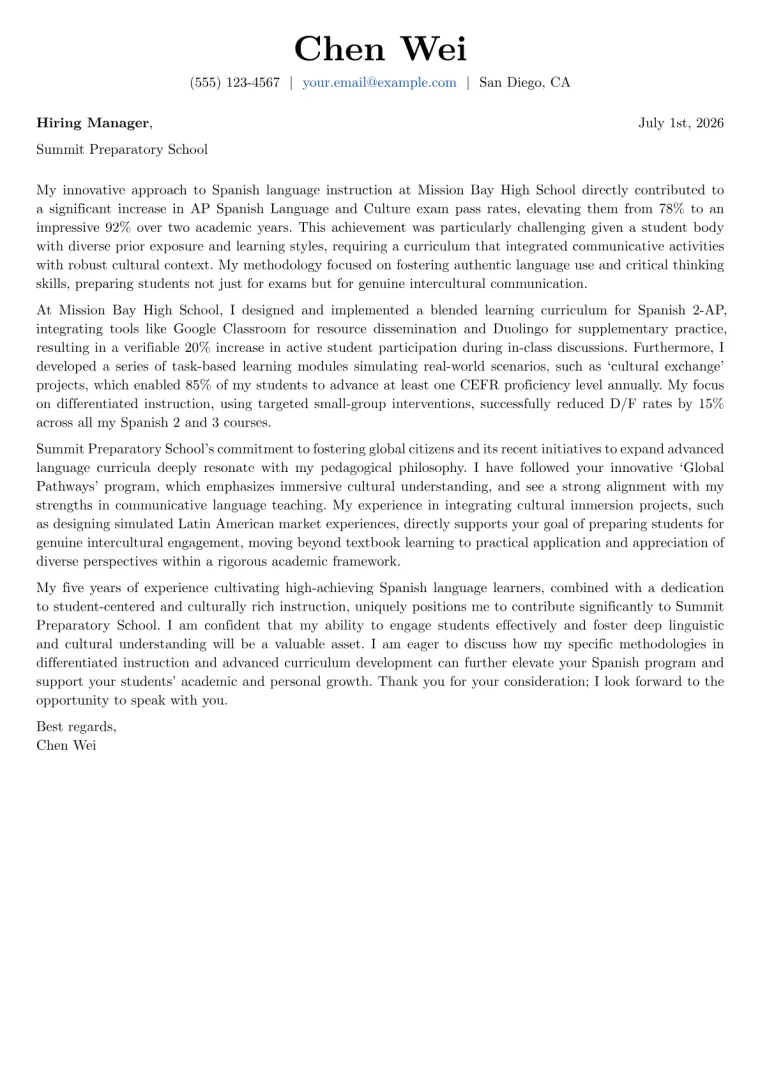 Spanish Teacher cover letter example preview