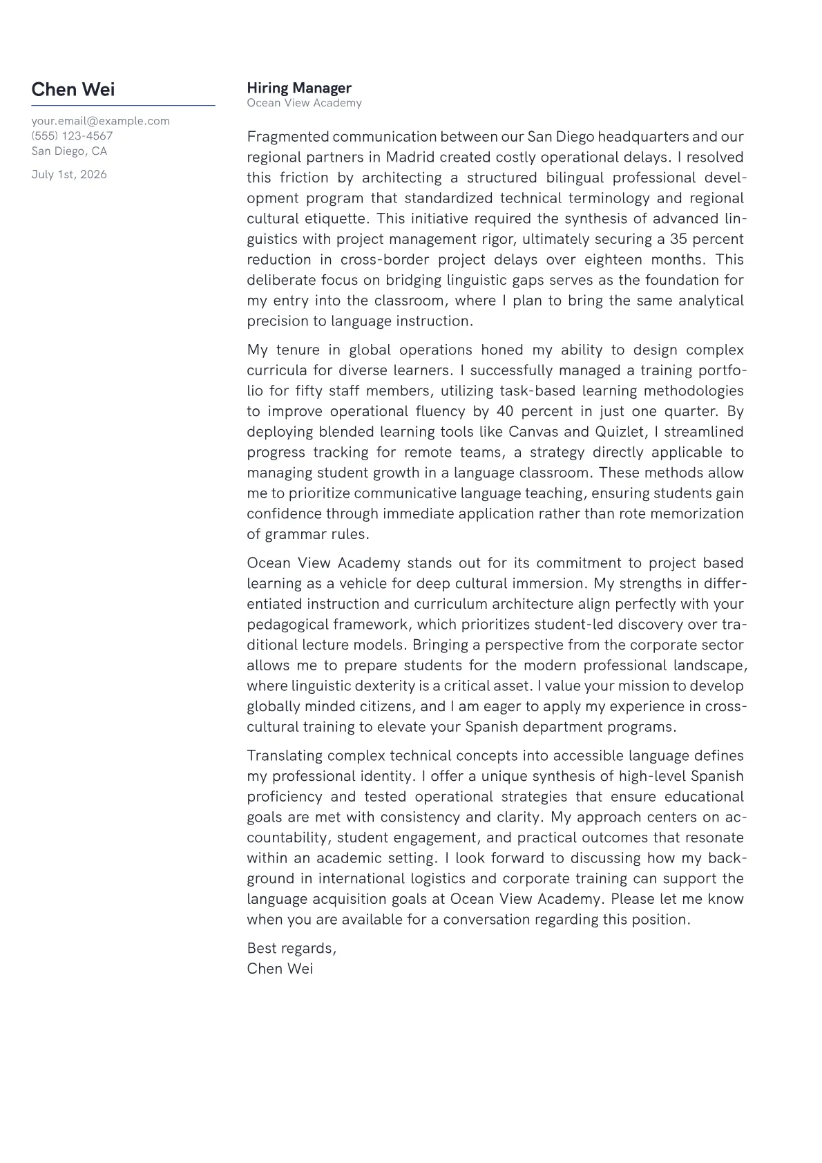 Spanish Teacher cover letter in the Margin design