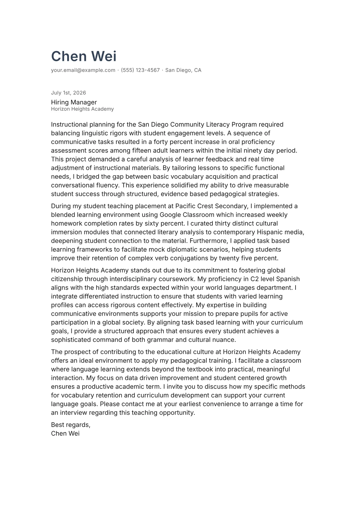 Spanish Teacher cover letter in the Minimal design