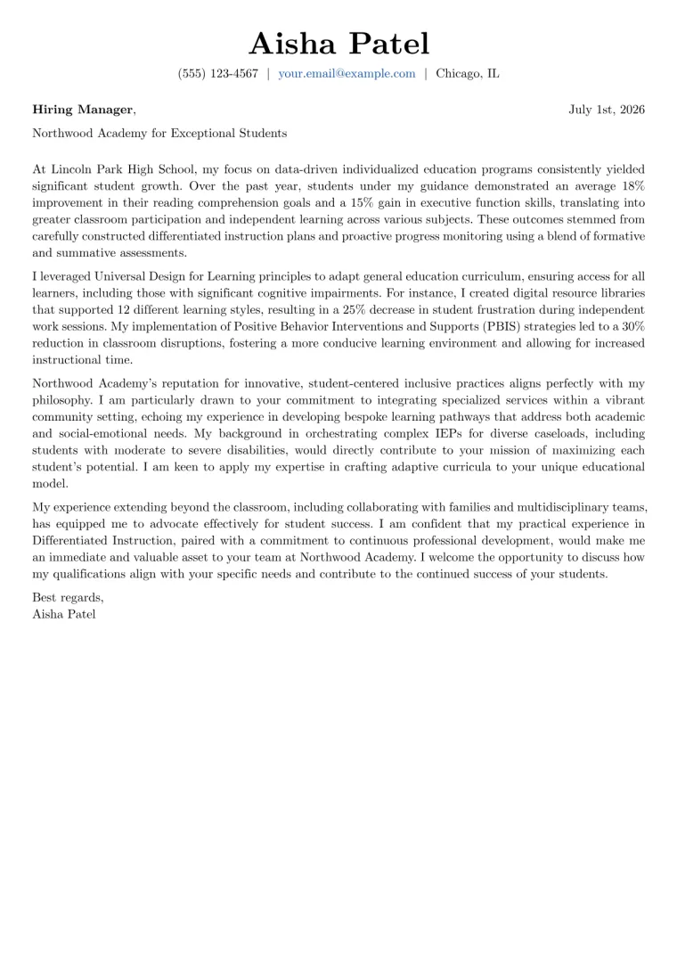 Special Ed Teacher cover letter example preview