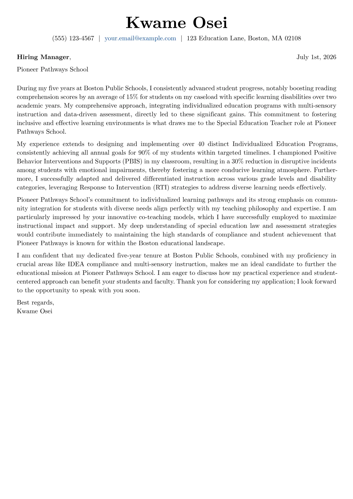 Special Education cover letter formatted with a JobSprout template