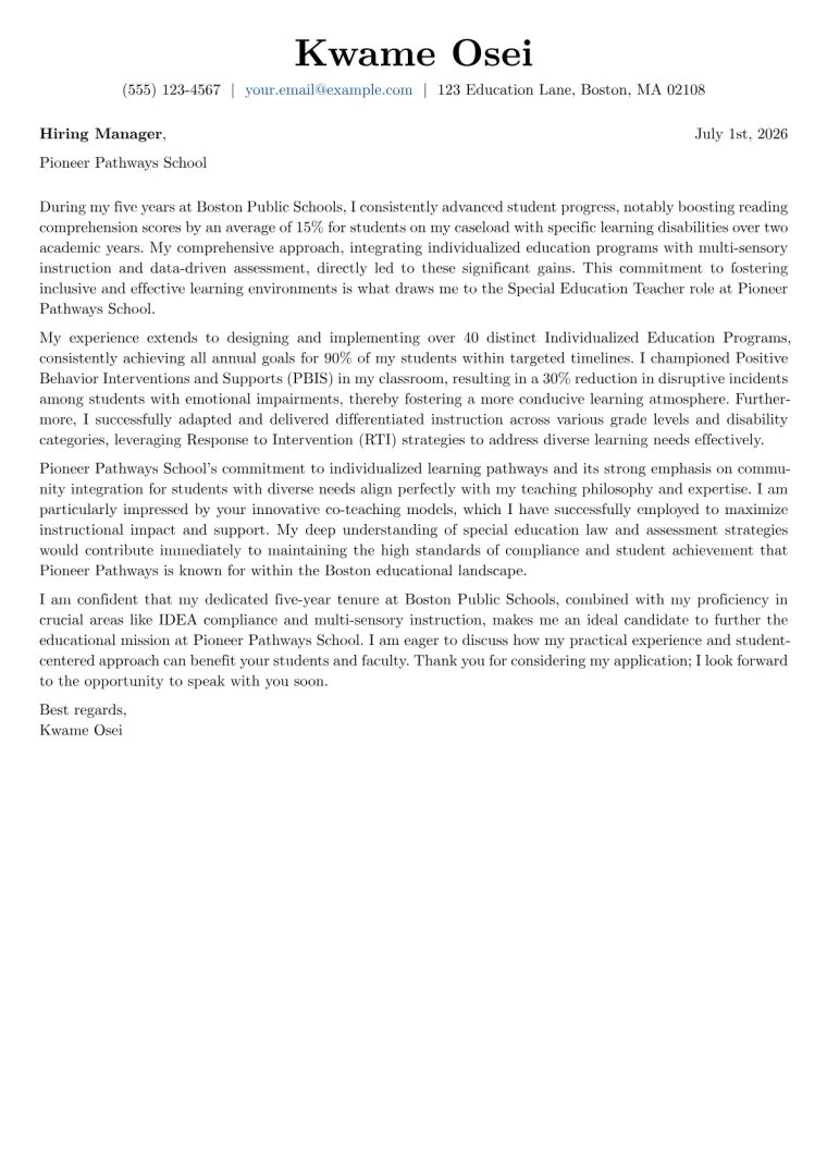 Special Education Cover Letter Example