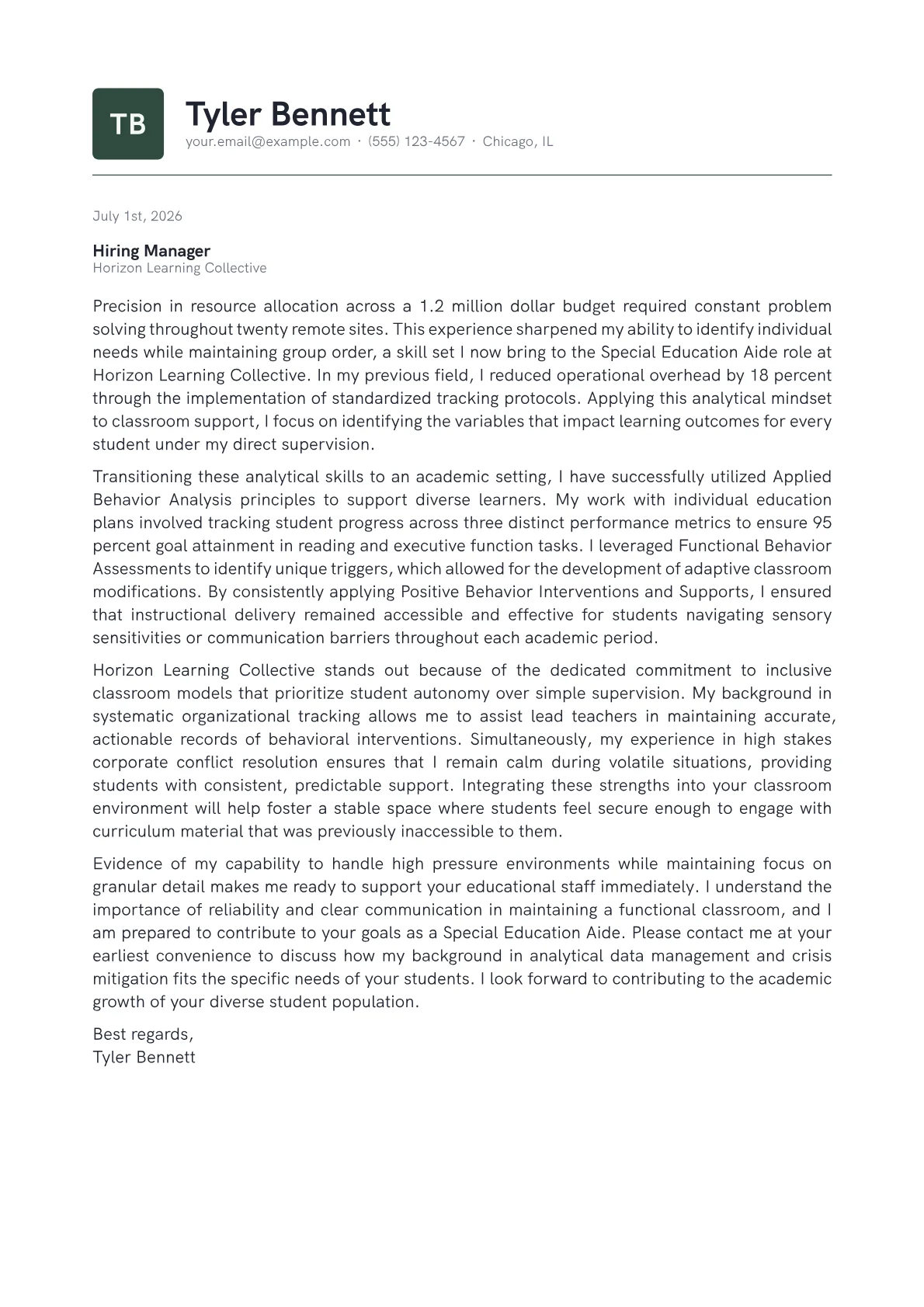 Special Education Aide cover letter in the Emblem design