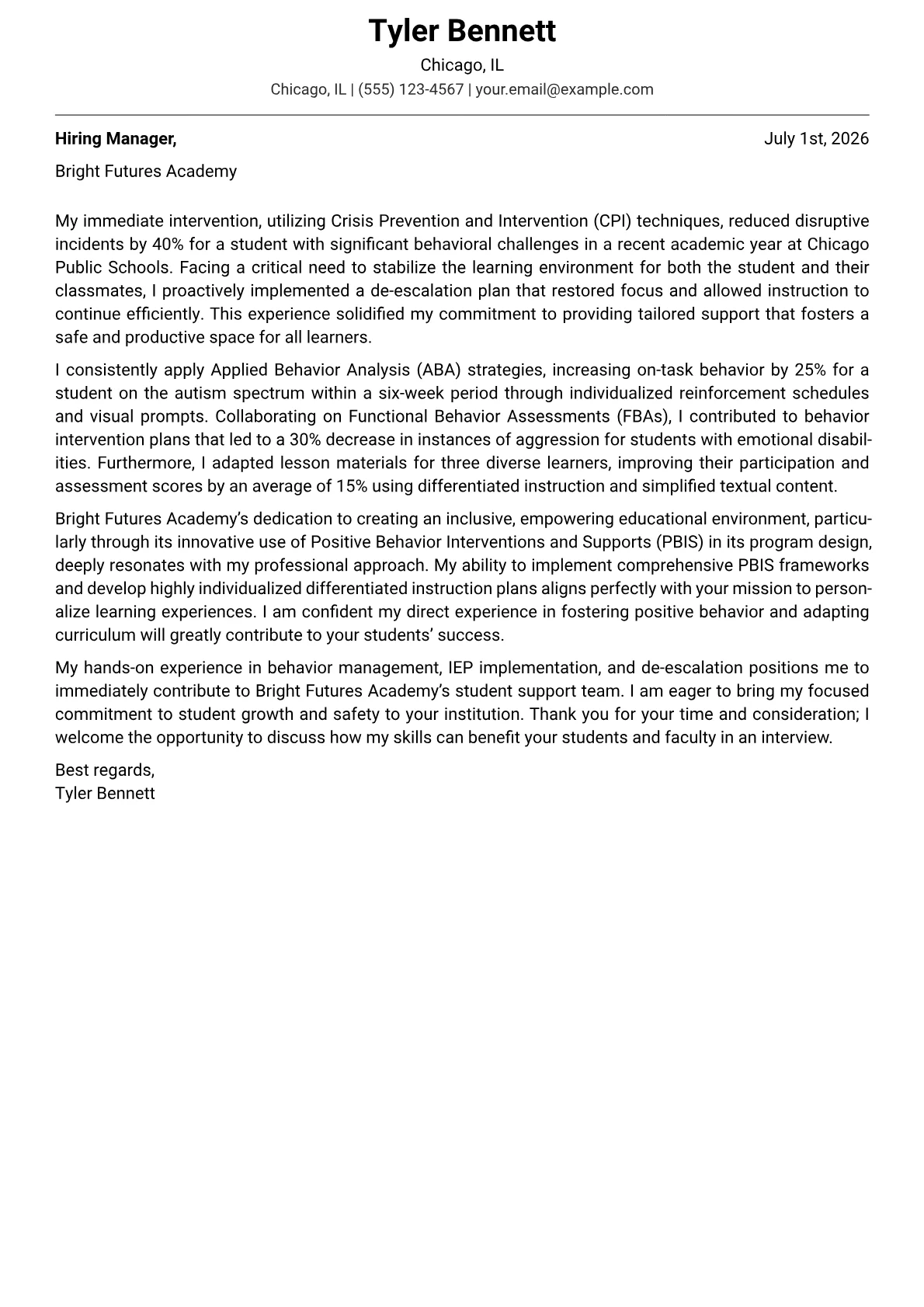 Special Education Aide cover letter formatted with a JobSprout template