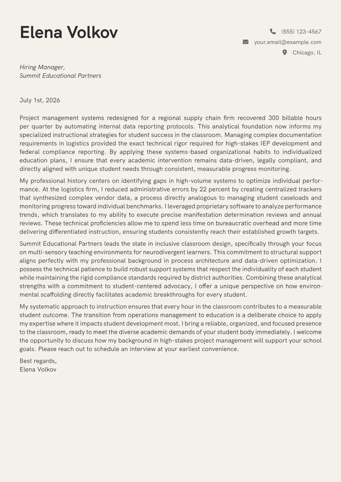 Special Education Teacher cover letter in the Creative design