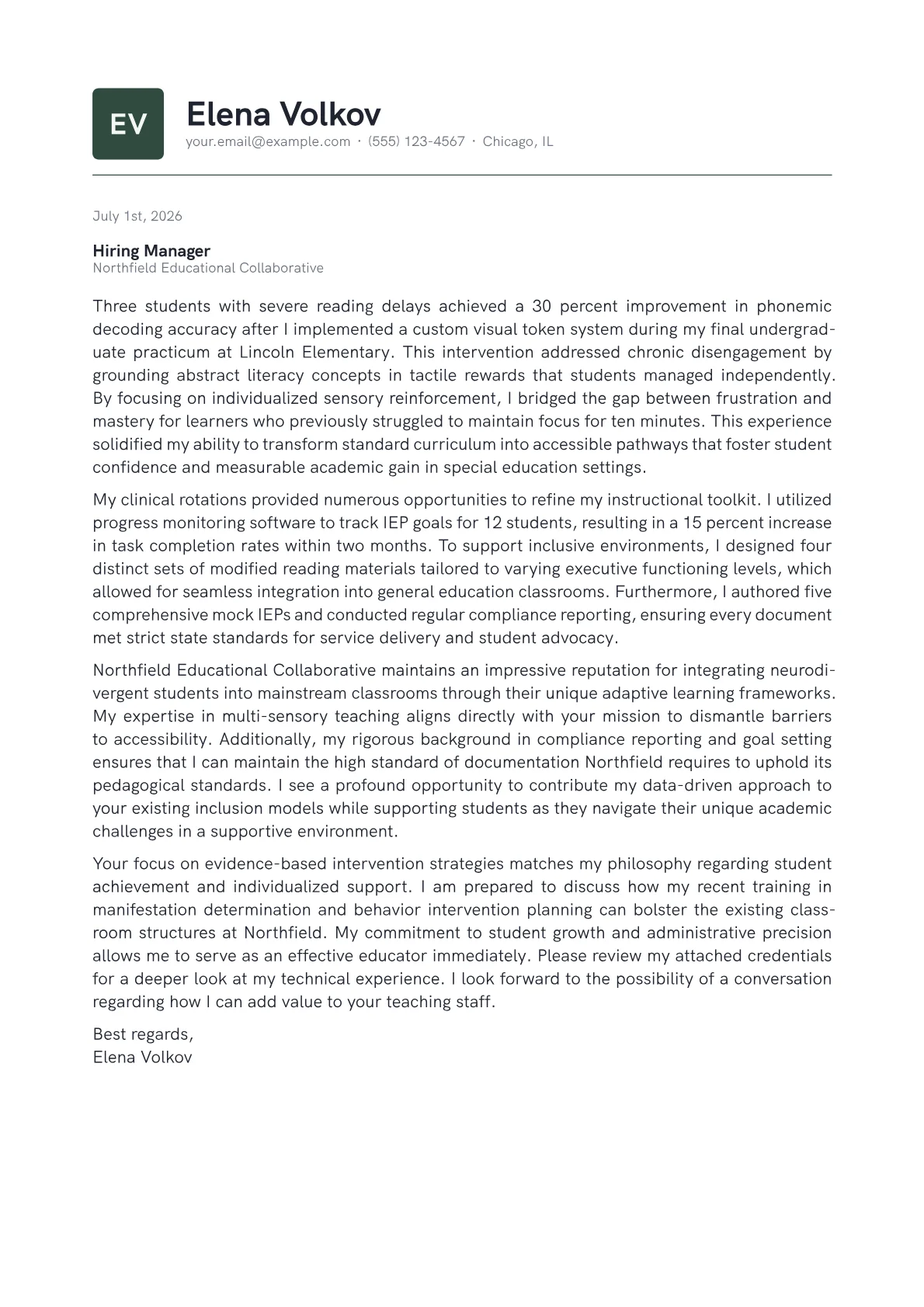 Special Education Teacher cover letter in the Emblem design