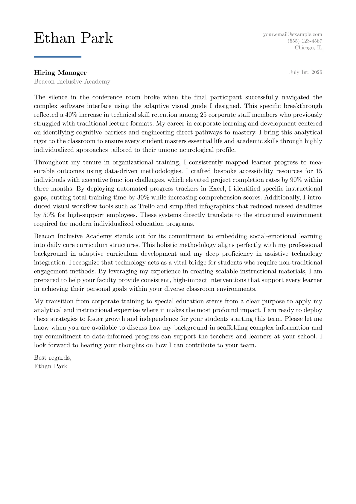 Special Needs Teacher cover letter in the Executive design