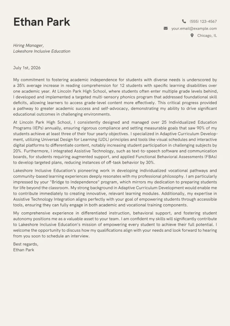 Special Needs Teacher cover letter example preview