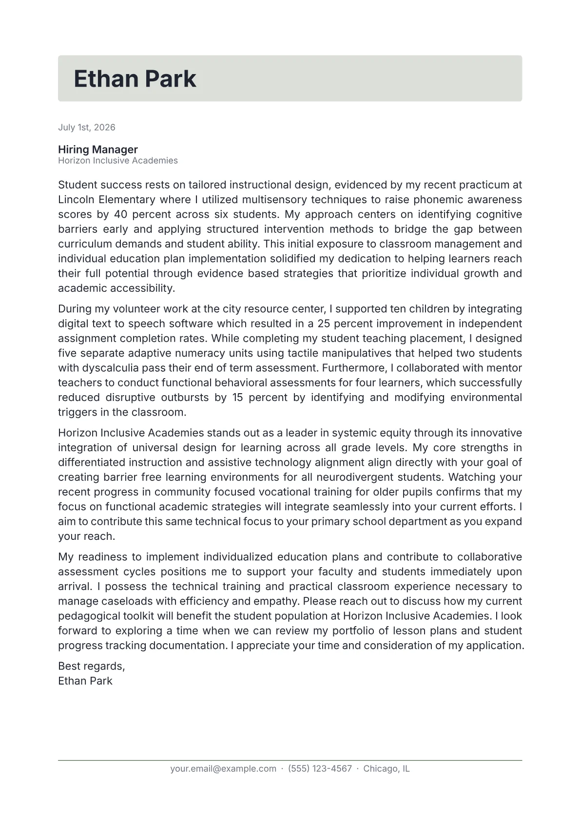 Special Needs Teacher cover letter in the Letterhead design