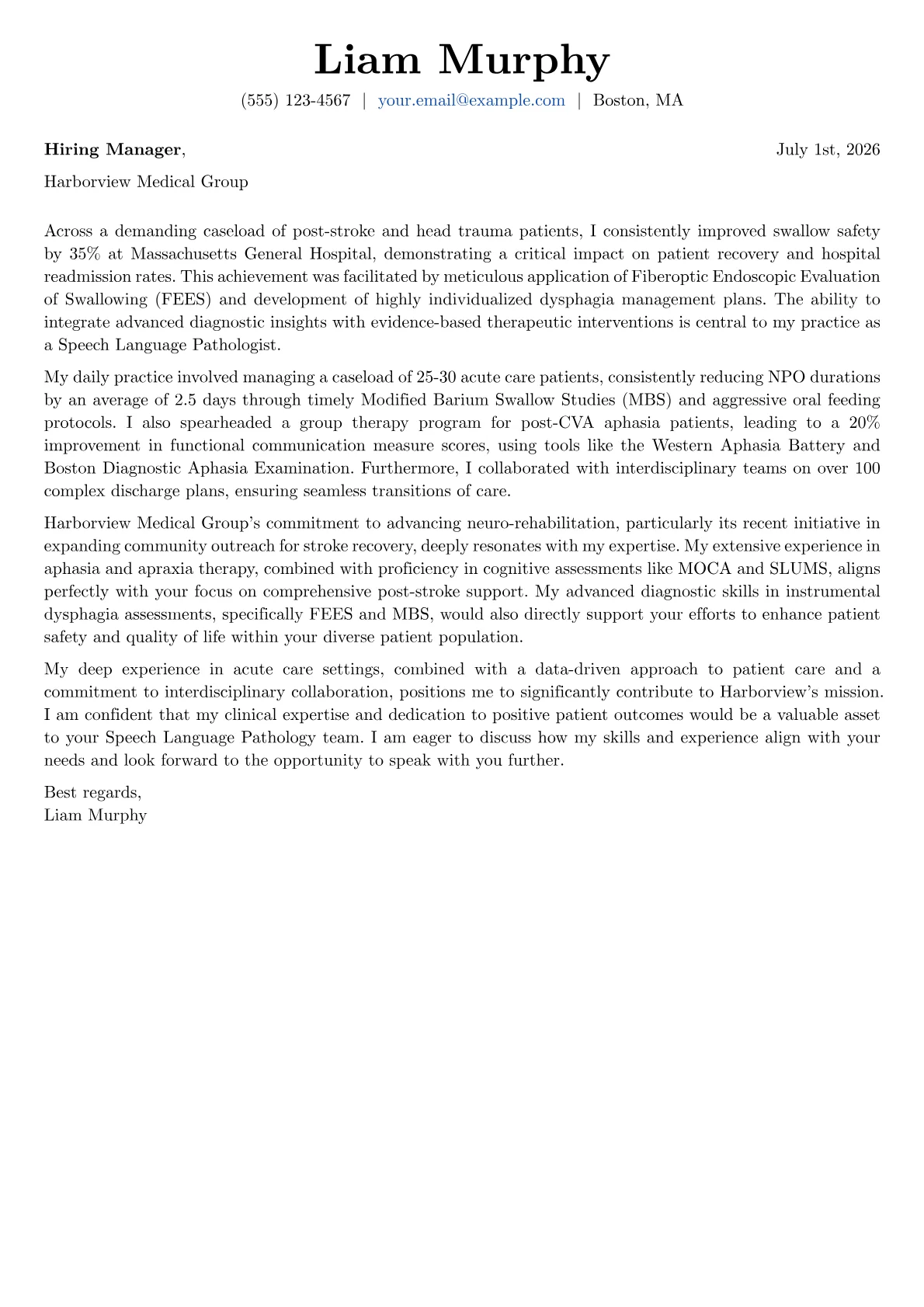 Speech Language Pathologist cover letter formatted with a JobSprout template