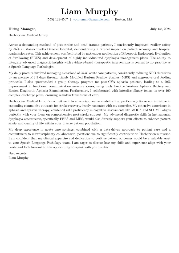 Speech Language Pathologist Cover Letter Example