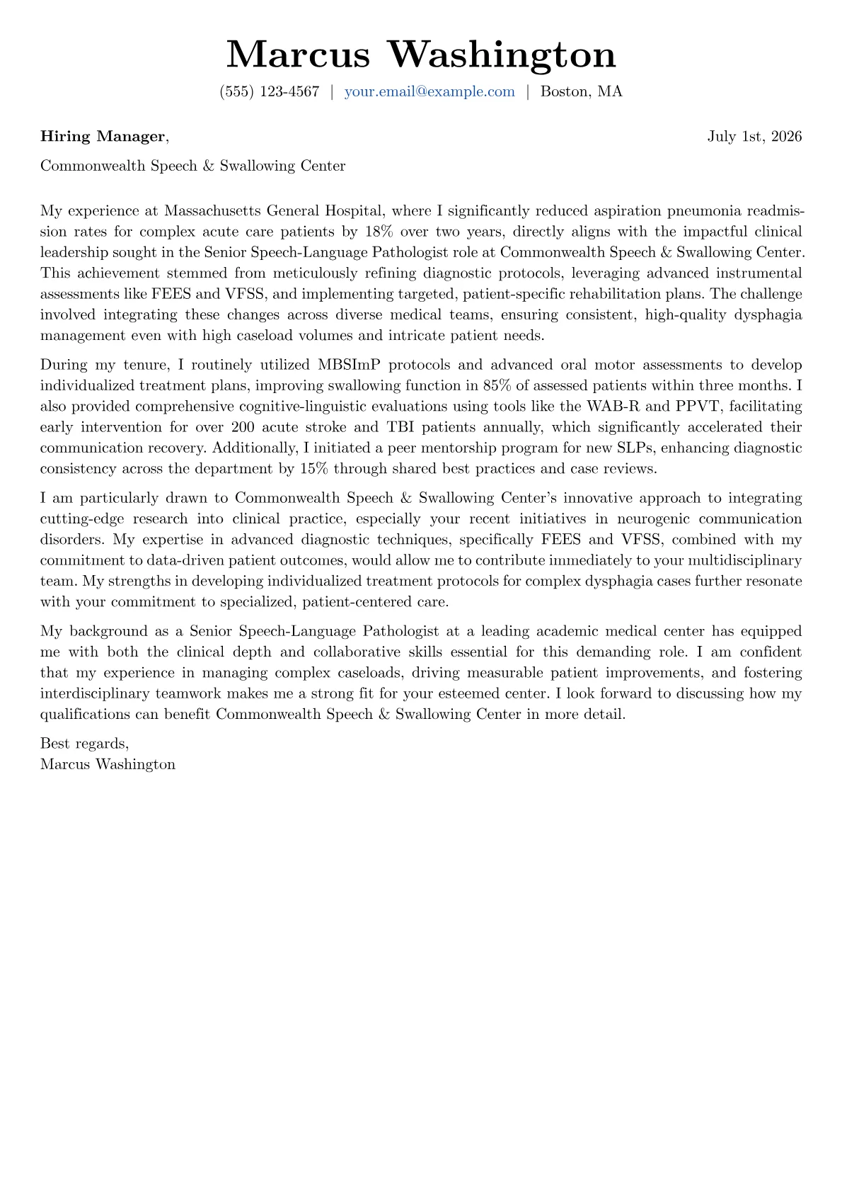 Speech Pathologist cover letter formatted with a JobSprout template