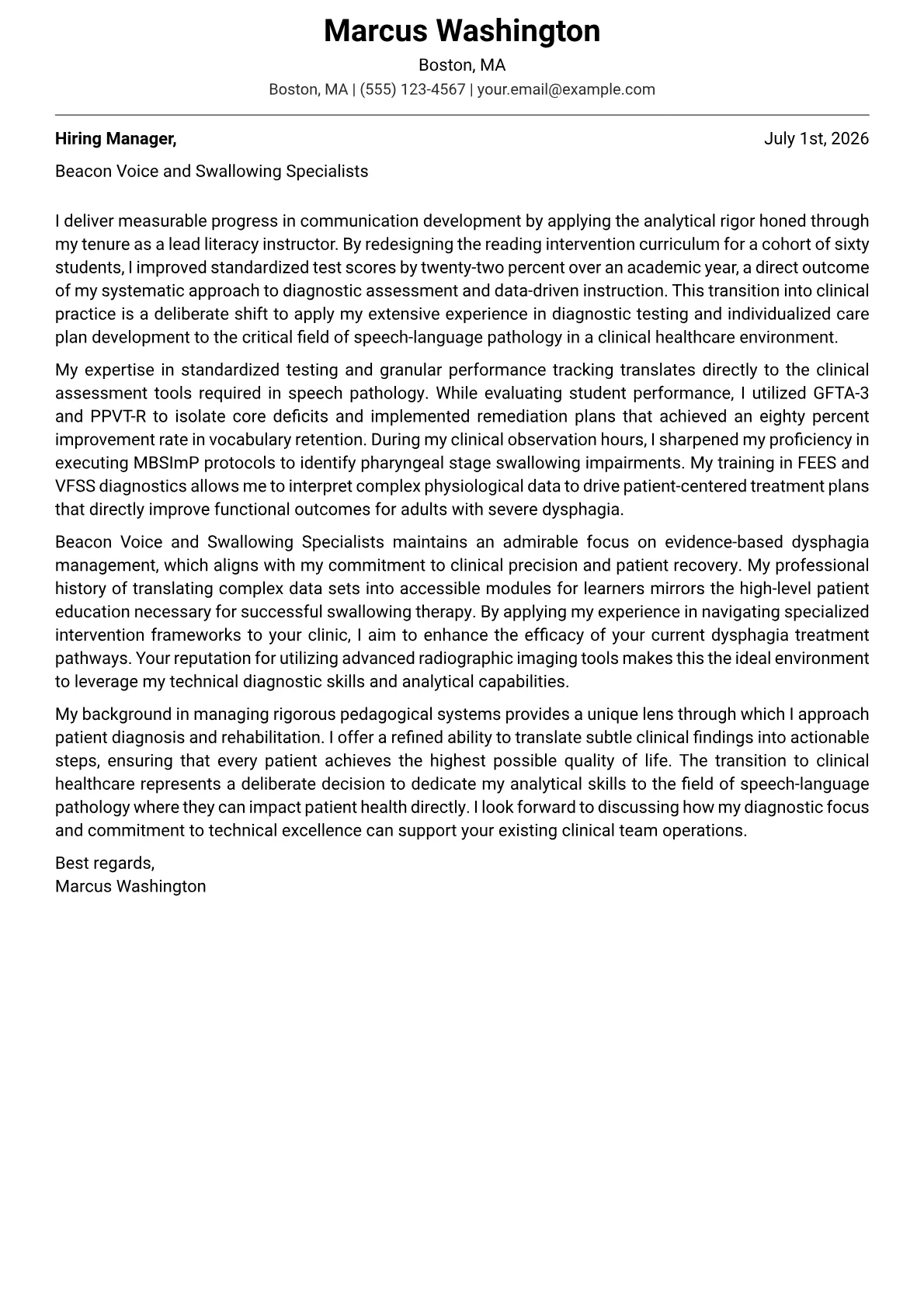 Speech Pathologist cover letter in the Modern design