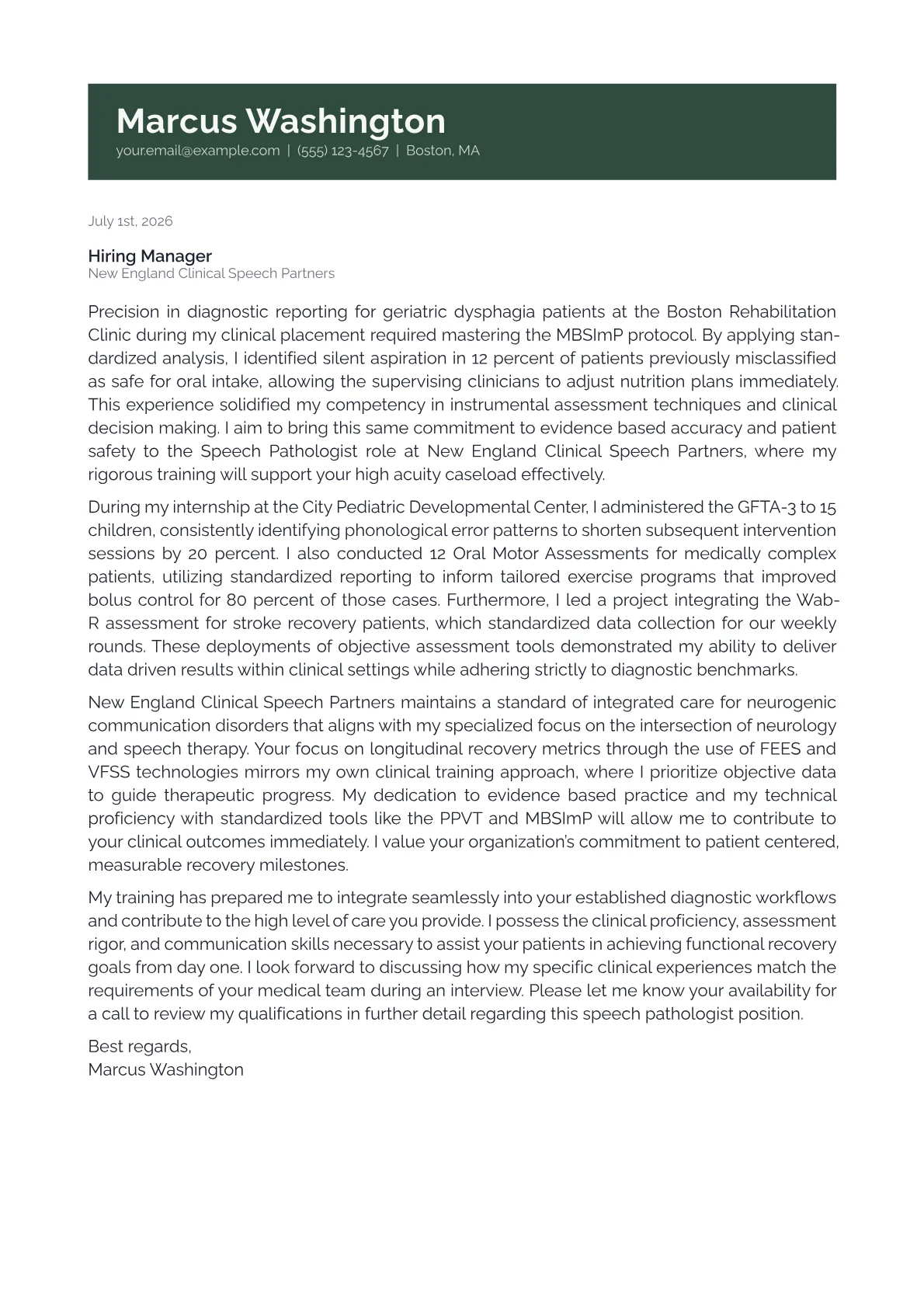 Speech Pathologist cover letter in the Banner design