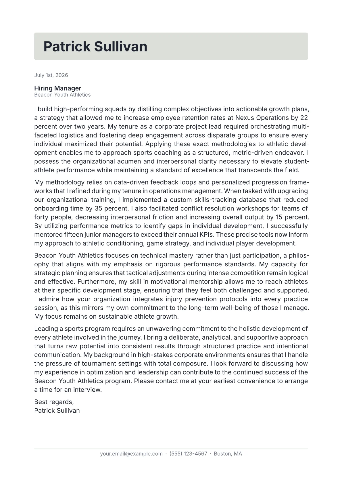 Sports Coach cover letter in the Letterhead design