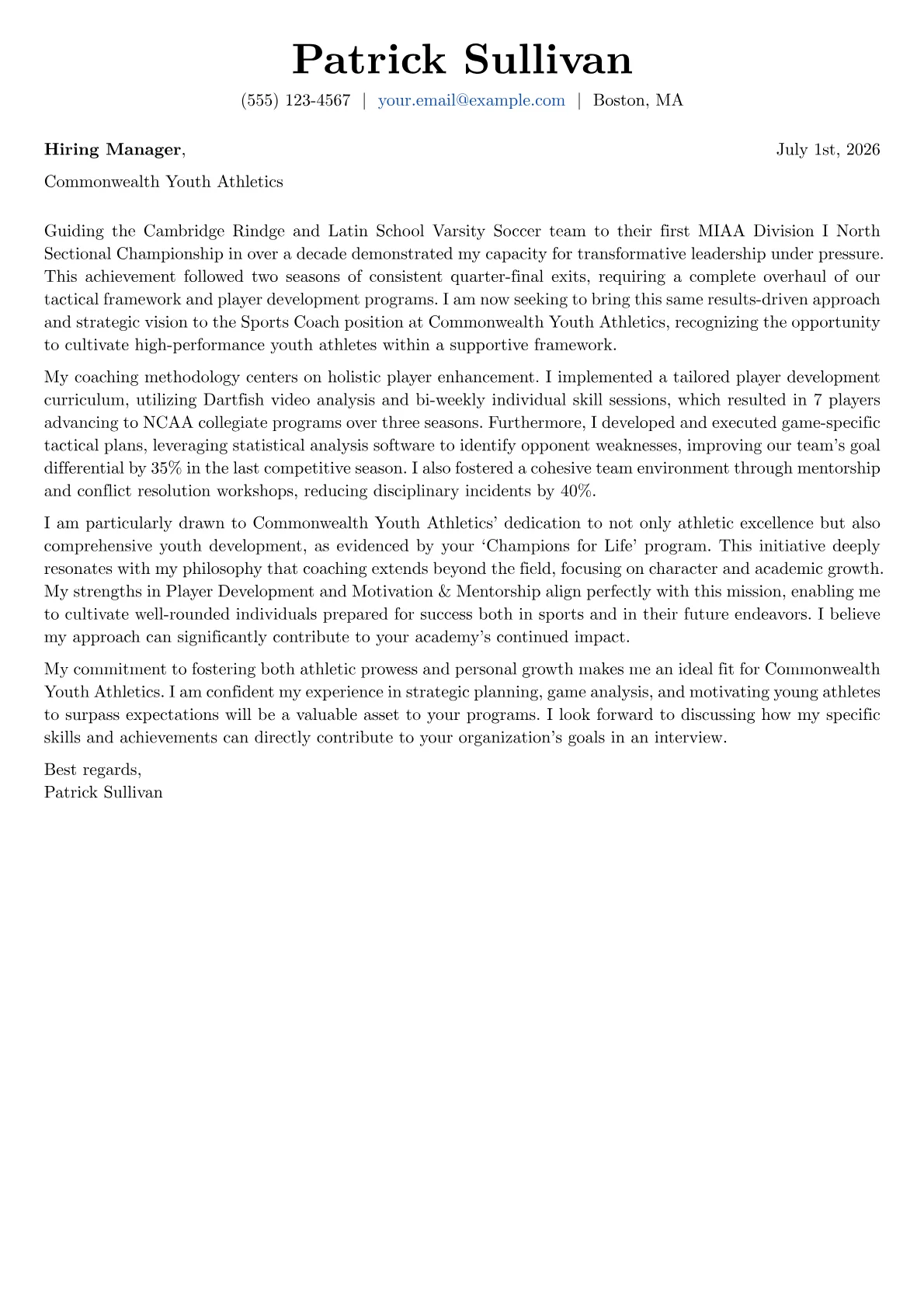 Sports Coach cover letter formatted with a JobSprout template