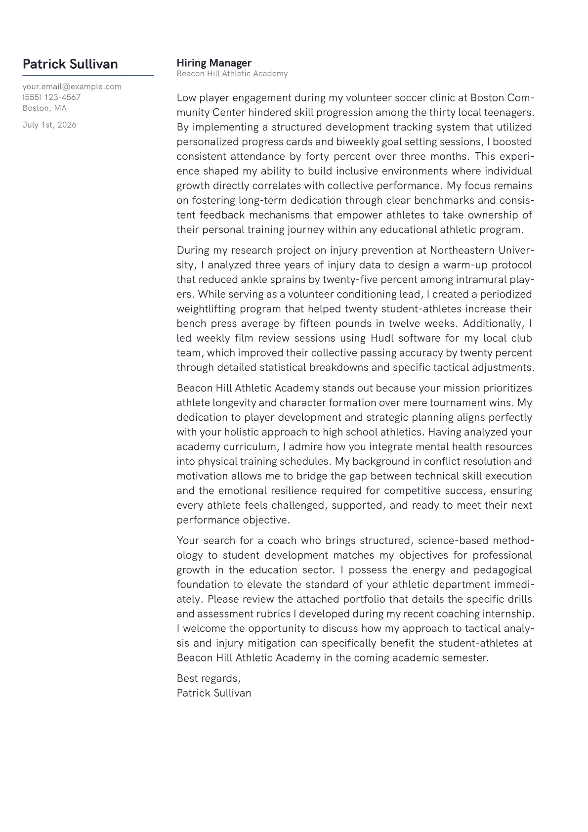 Sports Coach cover letter in the Margin design