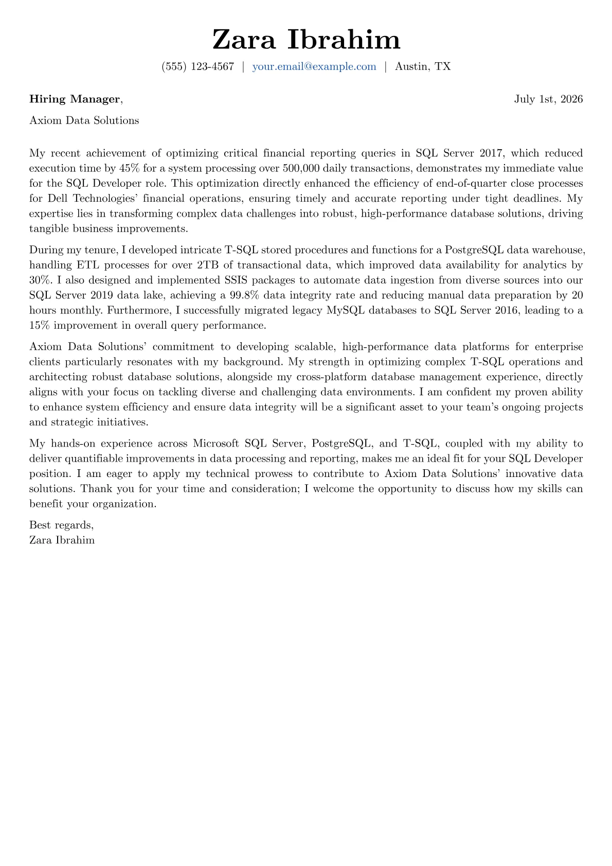 SQL Developer cover letter formatted with a JobSprout template