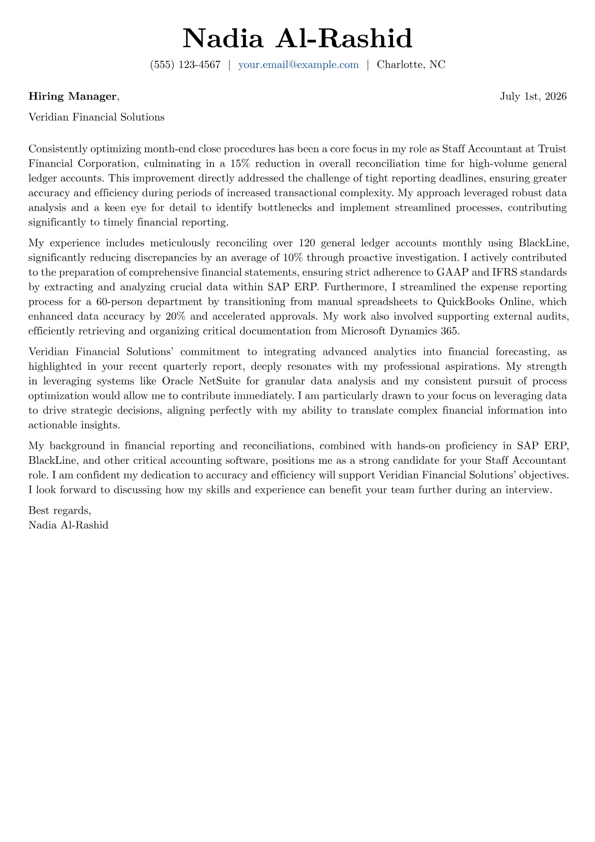 Staff Accountant cover letter formatted with a JobSprout template