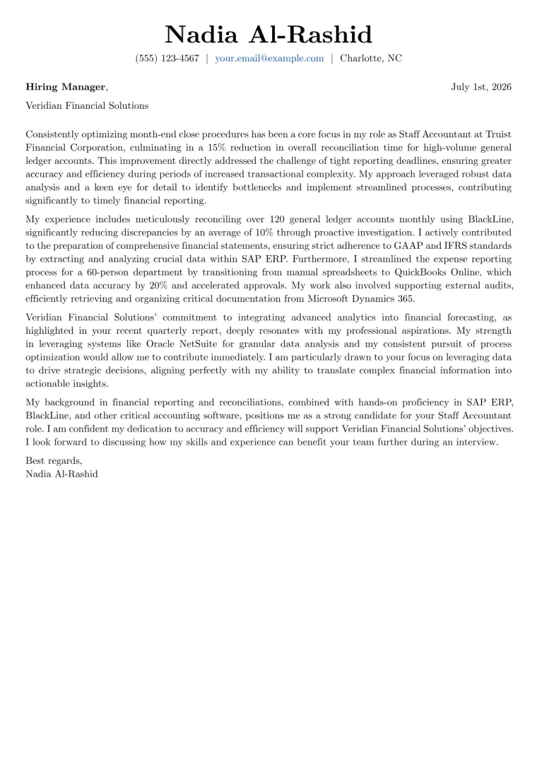 Staff Accountant Cover Letter Example